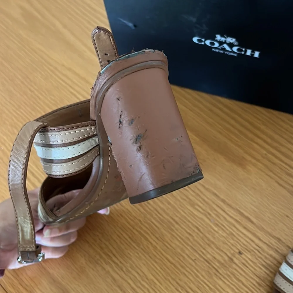 Coach Princeton Leather Strappy Slingback Sandal Tan Brown Stripe Block Heel